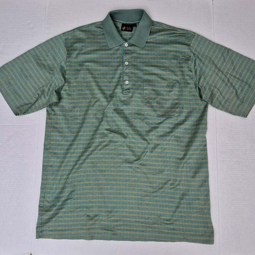 Vintage Bobby Jones Men’s Size L Golf Polo Shirt Italy Green & Gold Geometric
